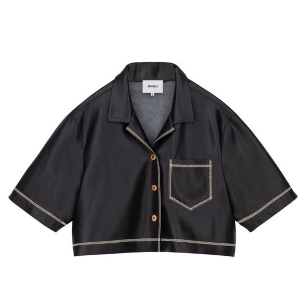 NANUSHKA “Rhett” Cropped Camp Shirt, Black Vegan Leather, Small